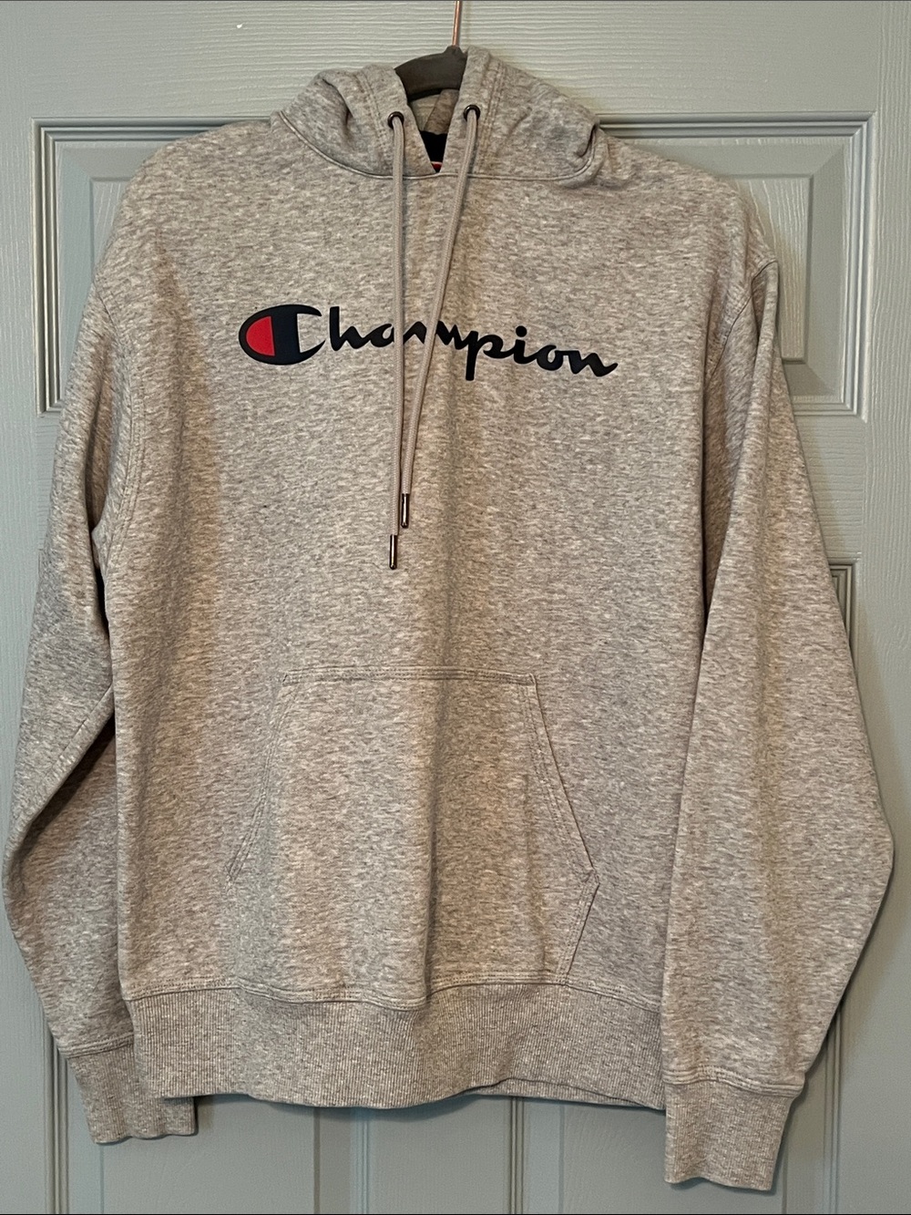 Champion Men's Heather Gray Hoodie with Black & Red Logo